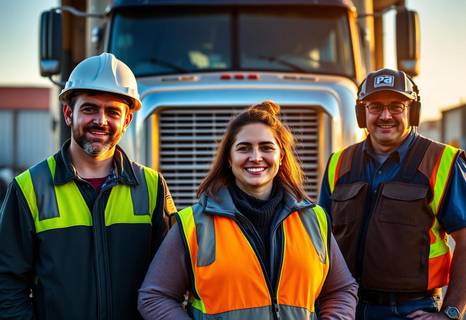 American workers in front of a work truck at a job site